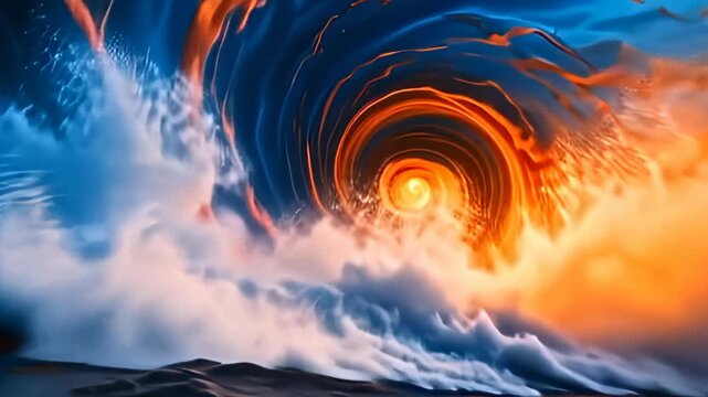 A turbulent kaleidoscope unfolds as the spinning wheel of noise hazy abstract chromatic echoes twirls in a chaotic dance, with sharp contrasts of deep blues and fiery oranges that swirl
