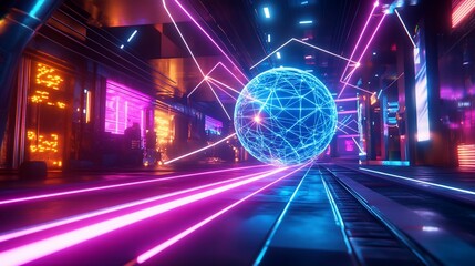 Futuristic city street, glowing sphere, neon lights, data network, background screens