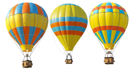 Fototapeta premium Three vibrant hot air balloons with yellow blue and orange stripes featuring woven baskets floating against a transparent background