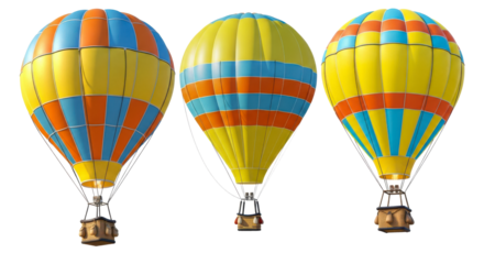 Three vibrant hot air balloons with yellow blue and orange stripes featuring woven baskets floating against a transparent background