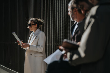 Business partners engaged in discussions and using digital devices, highlighting productivity,...