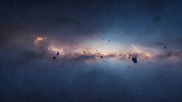 Distant Galaxy Cluster with Glowing Nebula. Expanding deep-space structure and starlight. 4K footage