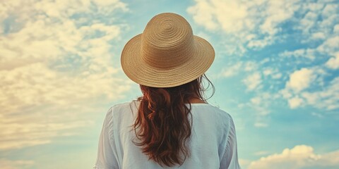A woman in a hat gazing into the sky, possibly contemplating her thoughts or enjoying a peaceful moment at sunset.