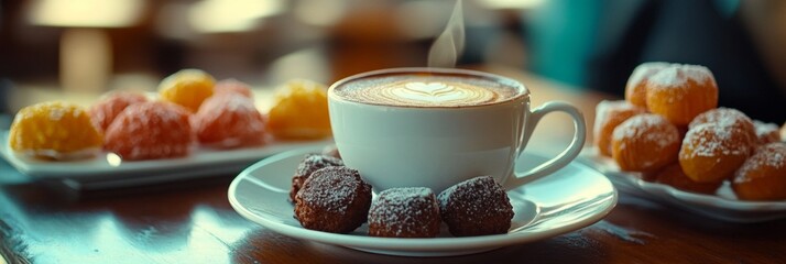 A variety of pastries and coffee in a cafe setting, with an inviting atmosphere.