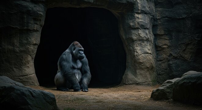 Serene primate reflects in rock shelter: A moment of introspection among nature's majesty - Powered by Adobe