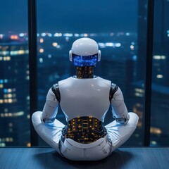 Futuristic Robot Contemplating Cityscape at Night