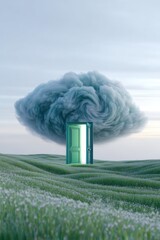 A surreal landscape featuring a door leading to a cloud, evoking imagination and mystery.