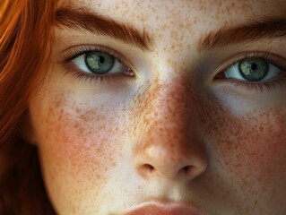 Fototapeta premium Portrait of a young redhead woman with freckles and green eyes