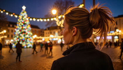 Obraz premium Woman gazing at Christmas lights in city square, festive atmosphere