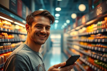 European man with smartphone pushing cart, shopping groceries in modern supermarket