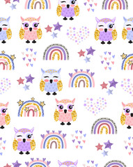 Owl and rainbow pattern on a white background.
