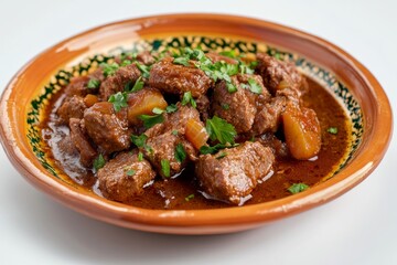 Spicy beef dish in black olives sauce with parsley garnish.