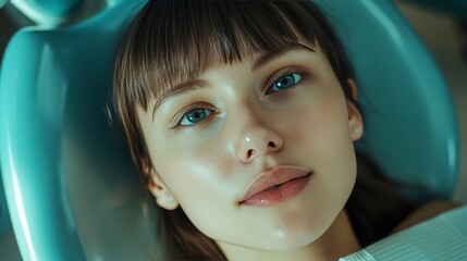 A young woman undergoing a dental procedure in an advanced technology setting.