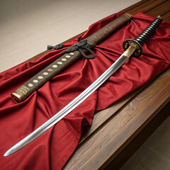 Authentic Japanese Katana Sword with Ornate Sheath on Red Silk Fabric


