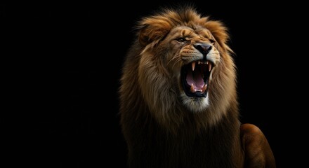 Dramatic portrait of a roaring male lion against a stark black background showcasing its power and