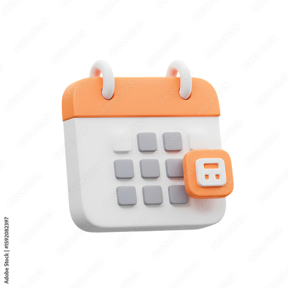 Fototapete 3d rendering of a calendar icon with an orange accent, displaying a grid of dates.