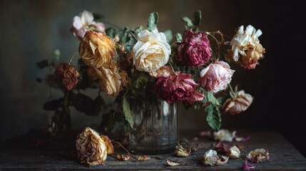 Obraz premium Still life of wilted roses in glass vase with dark background