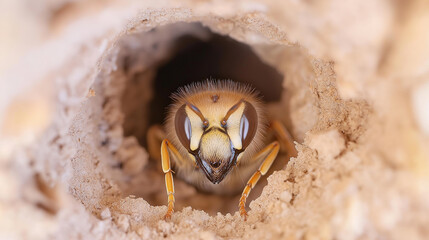 Macro shot of a bee insect in nature with prominent antennae and eyes in a brown sand tunnel