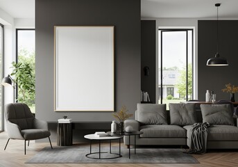 Modern Living Room Interior with Blank Poster Mockup, Gray Sofa, Armchair, Coffee Table and Window View