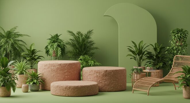 Elevated botanical presentation with earthy podiums and calming green palette landscape