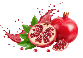 Ai generated image of juicy pomegranate with a splash of juice and seeds isolated on transparent background