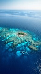 Aerial photo of a small island in the ocean with clear water and coral reefs. Great for nature and travel related themes.
