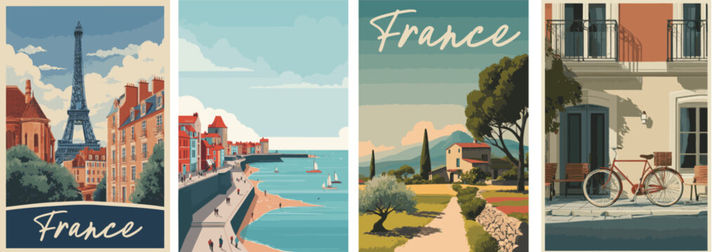 France vintage style travel poster set. Collection of scenic art deco retro tourism illustrations
