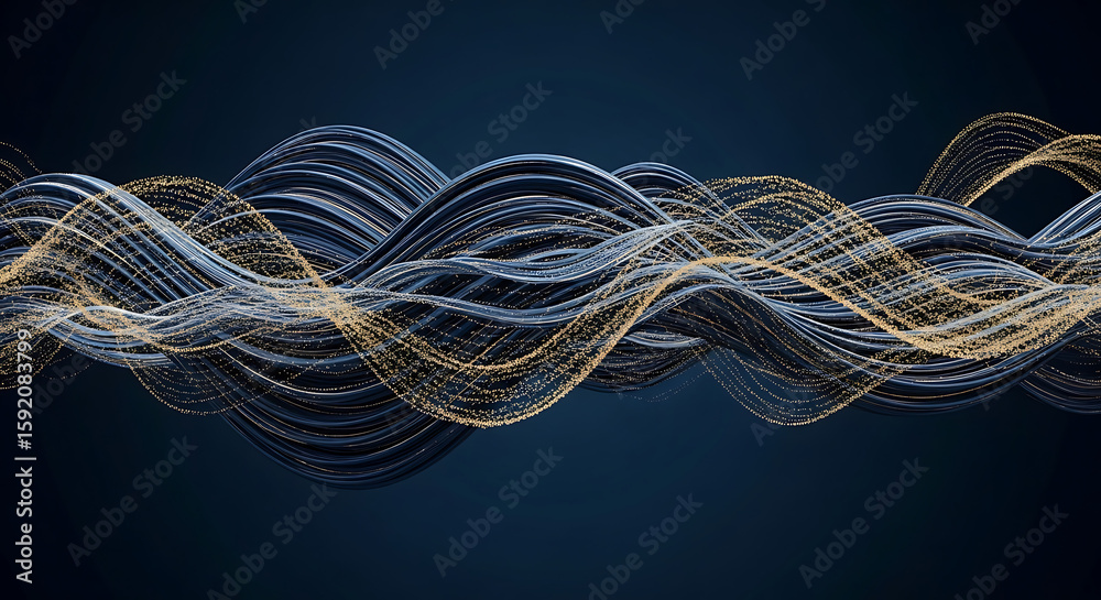 Fototapete abstract wavy lines with golden particles flowing on a dark blue background rendering a modern desig