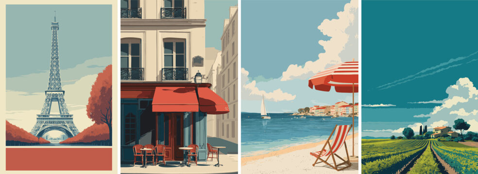 France vintage style travel poster set. Collection of scenic art deco retro tourism illustrations