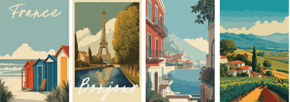 France vintage style travel poster set. Collection of scenic art deco retro tourism illustrations