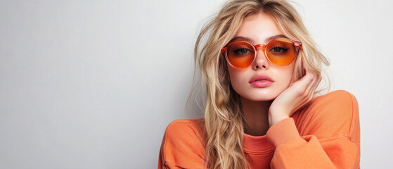 Young woman in orange glasses and sweater, stylish and confident. In fashion magazines, advertising campaigns, fashion and lifestyle websites.