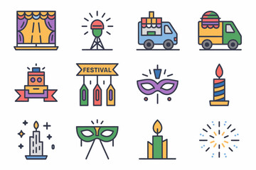 Festive Celebrations Collection of Colorful Icon Designs for Events, Performances and Holiday Themes