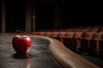 Red apple on dark table in theater