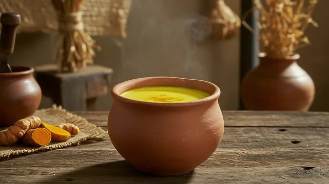 Warm steaming yellow turmeric tea in rustic clay pot on wooden table in cozy traditional kitchen setting