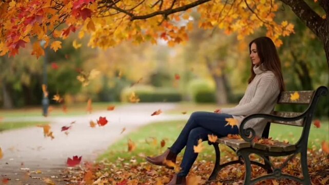 The subject sits on a park bench under a tree. Leaves fall slowly. No one else around.