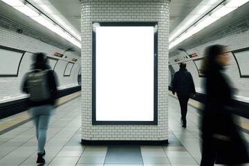Blank advertising billboard stands ready for placement in a London subway station, surrounded by the blurred motion of commuters.