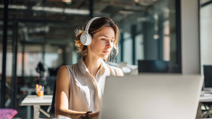 A female office worker wearing white headphones focused on her work at the desk, modern professional environment, casual business attire, productivity concept.