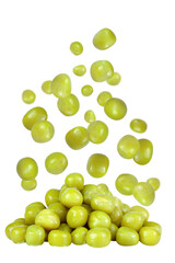 Levitation of canned green peas isolated on transparent background, real photo for food design.