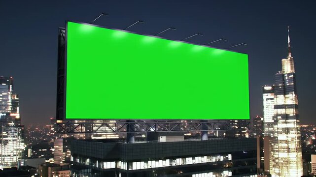 Blank Chroma Key Billboard on Rooftop with Illuminated City Skyline at Night, Ideal for Digital Advertising Mockups