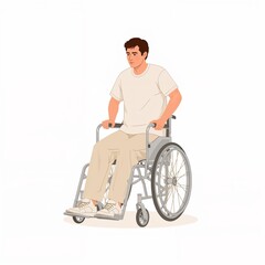 Young man seated in wheelchair illustrated style on white background person pushing wheelchair