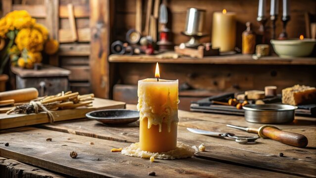 A melted wax candle on a wooden workbench with various DIY materials nearby , crafting, workshop