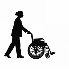 Obraz premium Silhouette of woman walking with wheelchair on white background, person pushing wheelchair