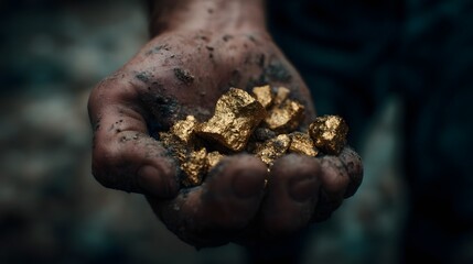 Handful of raw golden nuggets held in a miner s hands covered in dirt