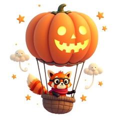 Red Panda Flying in Pumpkin Hot Air Balloon with Stars – White Background