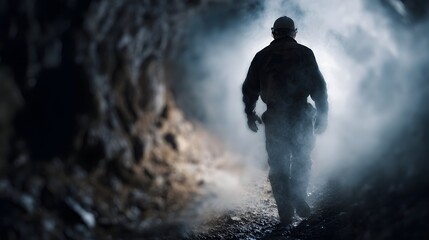 Fototapeta premium Coal miner navigating through a dimly lit dusty tunnel