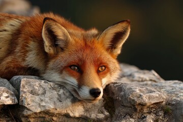 Obraz premium A red fox rests its head on a rocky surface eyes open illuminated by soft light