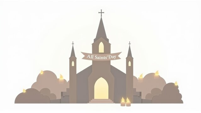 All Saints' Day Church Illustration with Glowing Candles and Crosses