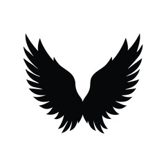 Obraz premium Black Angel Wings Silhouette Vector – Symmetrical Feathered Wing Icon on White Background