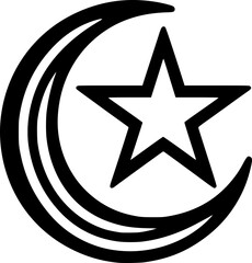 Fototapeta premium Flat black and white vector of an Islamic crescent moon and star, outlined in clean minimal religious symbol style.