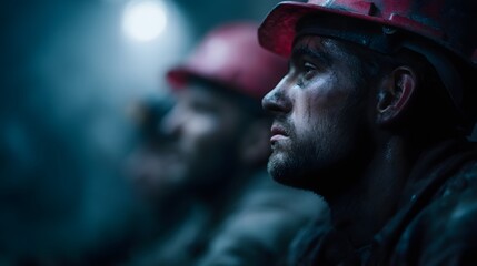 Miners resting at tunnel break area with ambient underground lighting